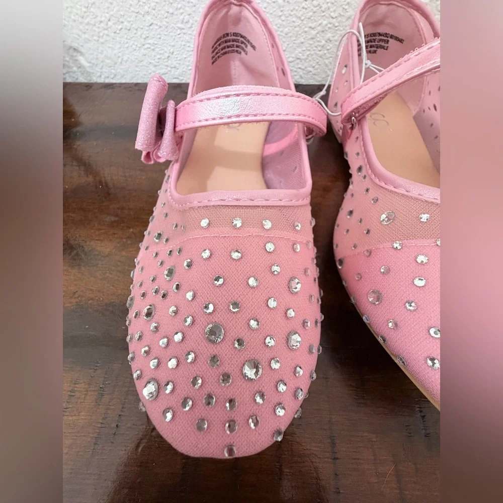 Sugar Flats Shoes Big Girl Size 4M – Pink with Sparkly Rhinestones & Bow